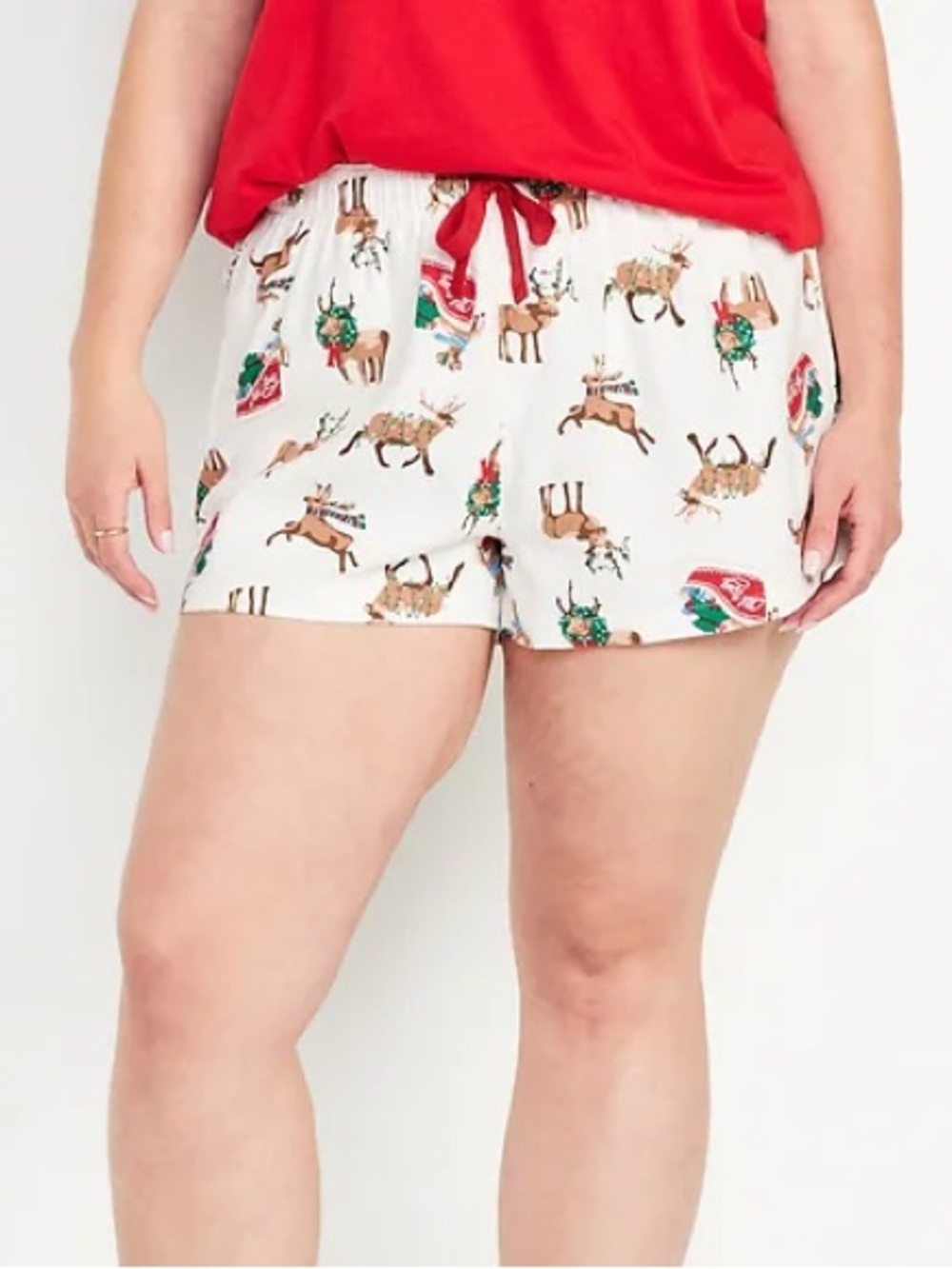 Old Navy White Holiday Reindeer Pajama Shorts with Red Drawstring